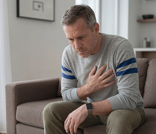 Person with one hand on their chest.